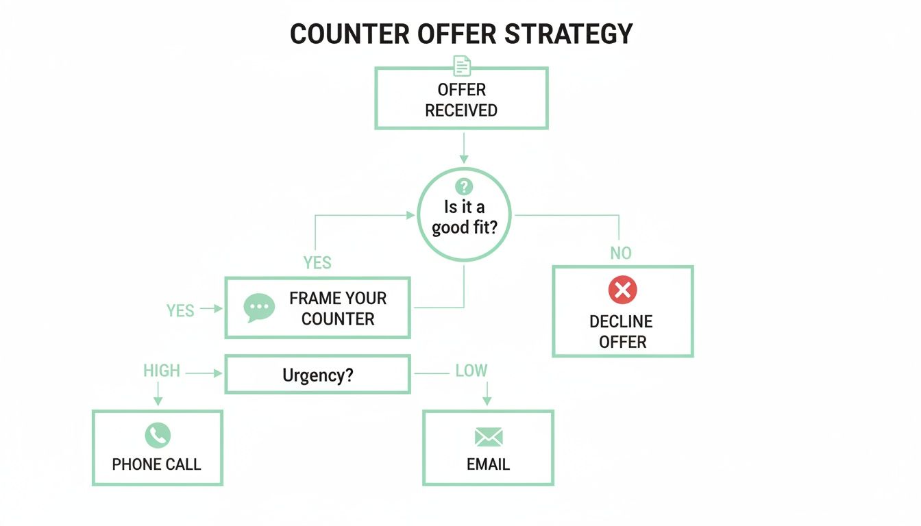 Flowchart outlining a counter offer strategy, from offer receipt to communication method.