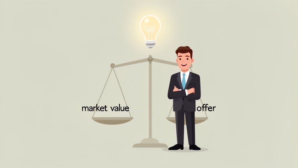 Cartoon businessman with a light bulb above, balancing 'market value' and 'offer' on a scale.