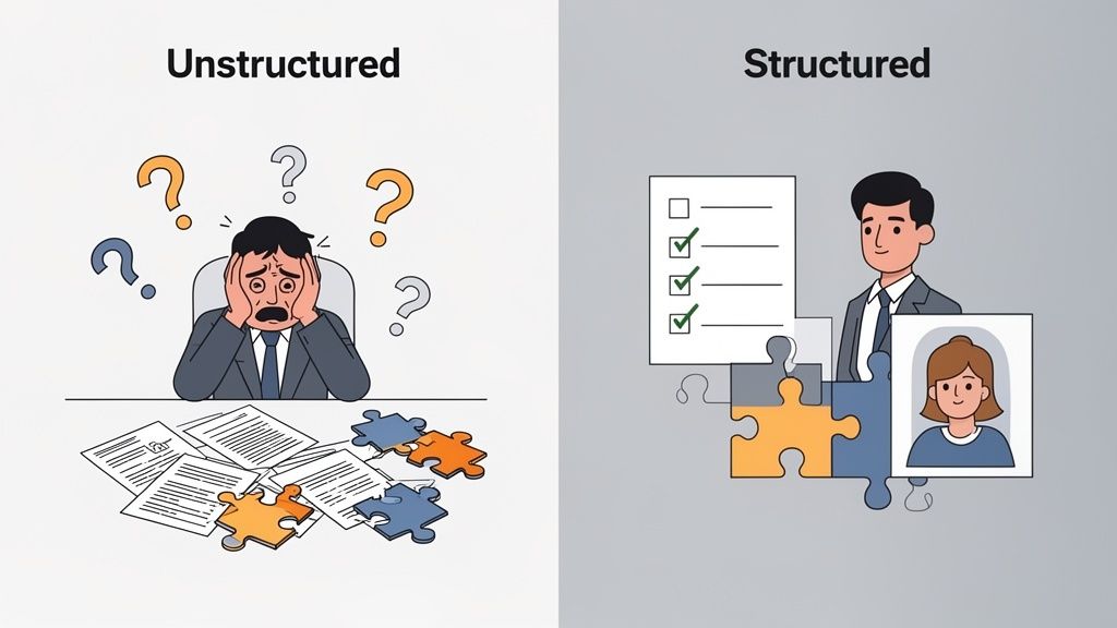 An illustration comparing chaotic, unstructured work with an overwhelmed person to structured, organized processes.