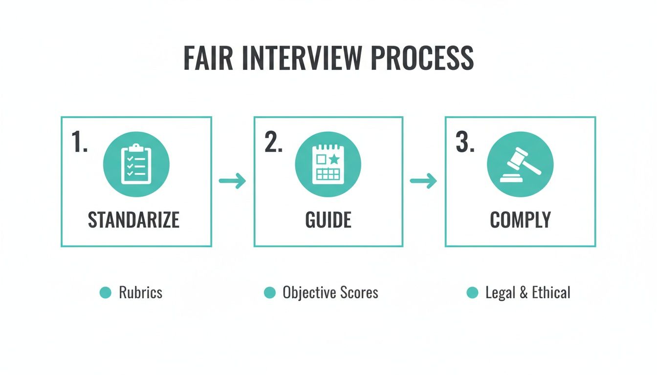 Fair interview process diagram detailing steps: standardize with rubrics, guide with objective scores, and ensure legal compliance.