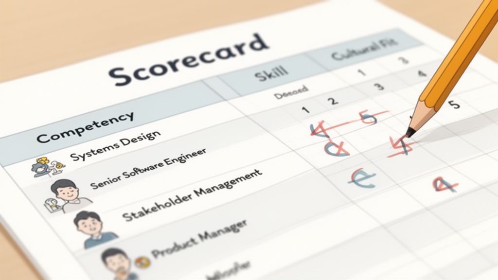 A close-up of a 'Scorecard' document being filled out with a pencil, evaluating competencies and cultural fit.