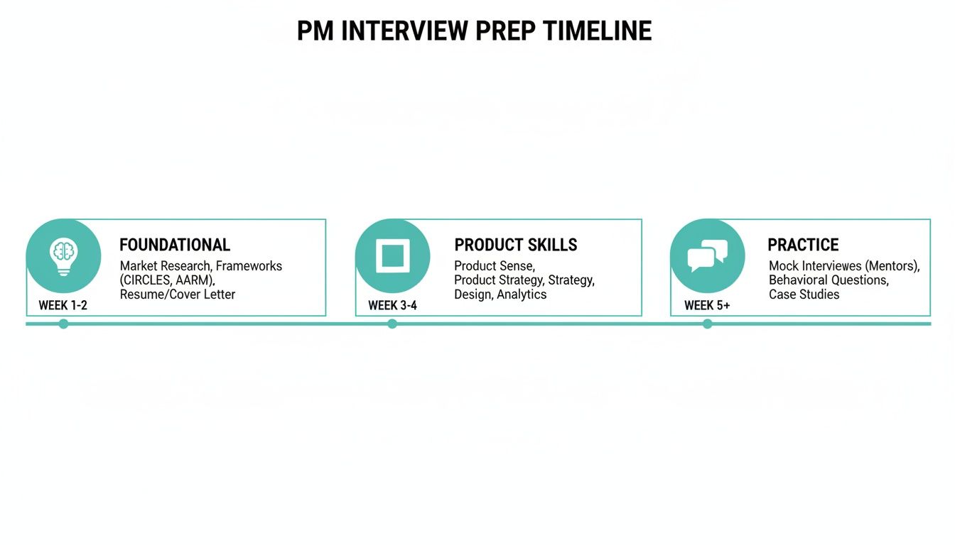 Timeline outlining three phases of product manager interview preparation: Foundational, Product Skills, and Practice.