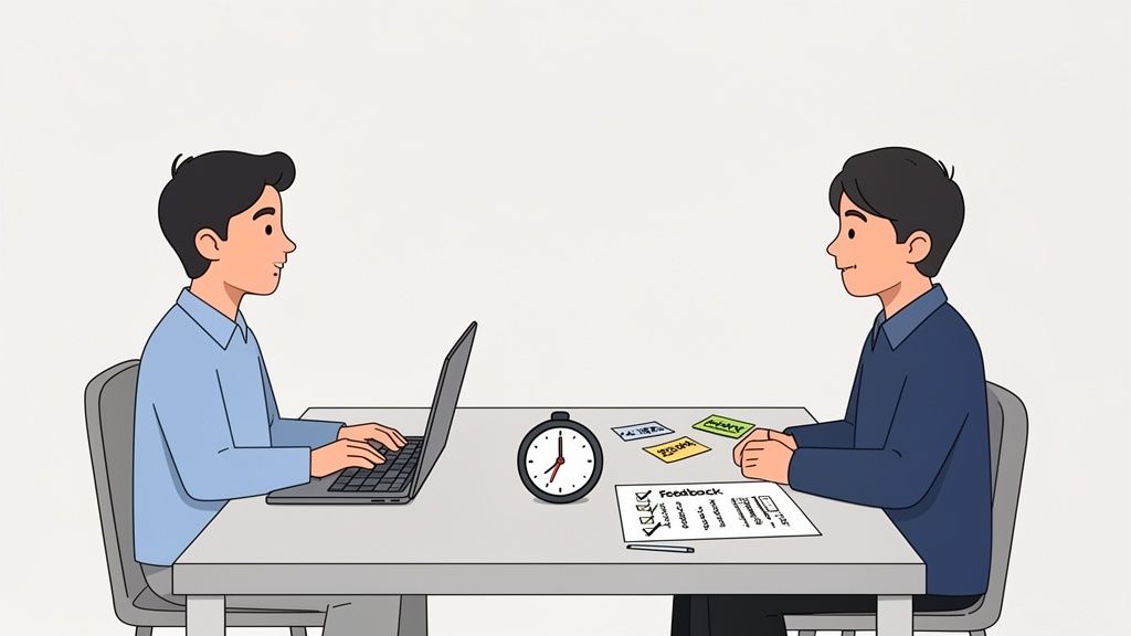 Illustration of two men sitting at a table during an interview, with a laptop, clock, and feedback form.