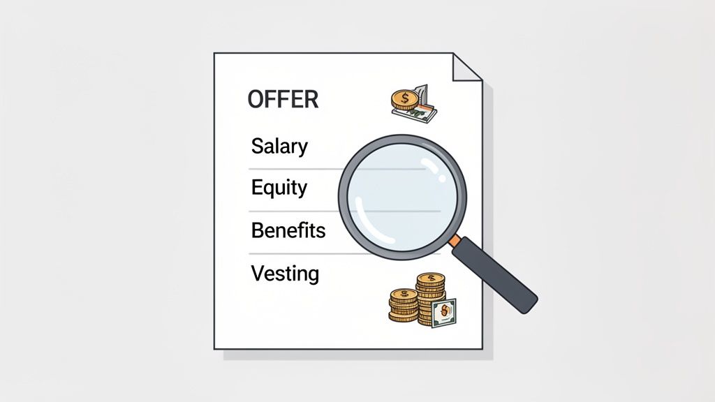 A job offer document detailing salary, equity, benefits, and vesting, with a magnifying glass and money.