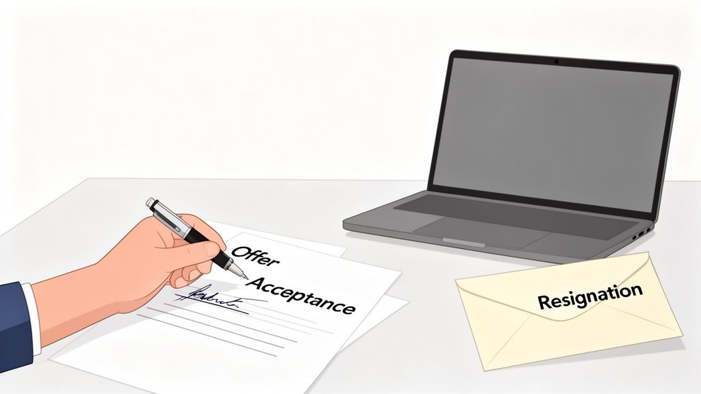 A hand signs an "Offer Acceptance" document next to a laptop and a "Resignation" letter.