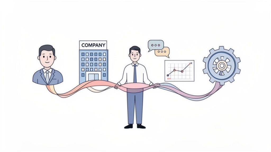 An illustration of a man connecting a company and businessman to communication, data, and processes.