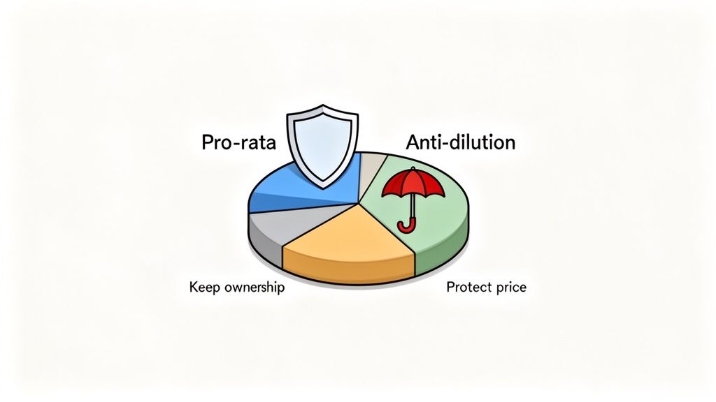 A pie chart illustrating investment protection strategies, including pro-rata rights, anti-dilution, ownership, and price protection.