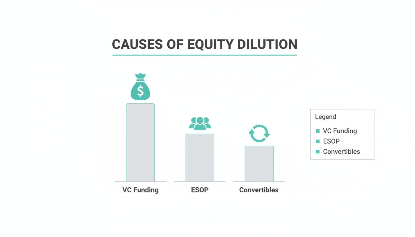 Bar chart illustrating the causes of equity dilution, including VC Funding, ESOP, and Convertibles.