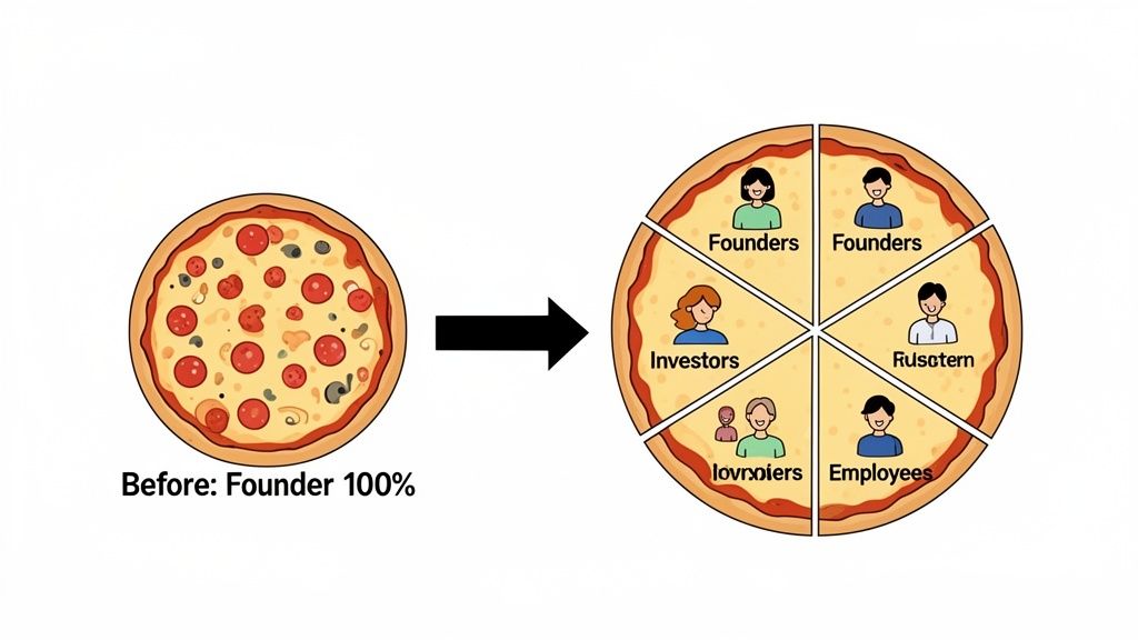 A pizza illustration shows equity dilution, with a whole pie for the founder splitting into slices for various stakeholders.