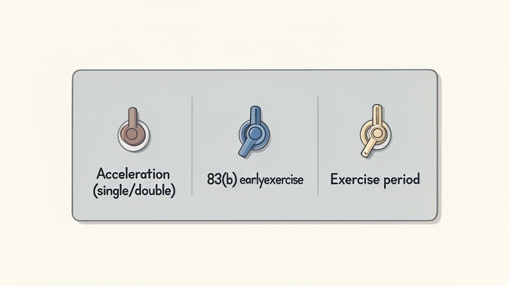 Three illustrated icons representing different stock option settings: acceleration, early exercise, and exercise period.