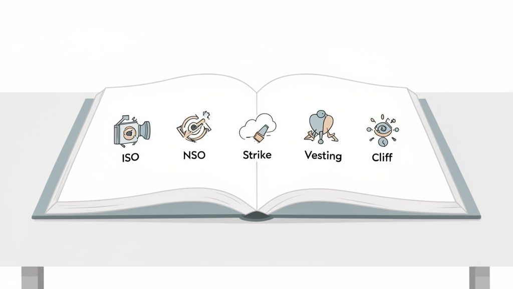 An open book displays five stock option terms: ISO, NSO, Strike, Vesting, and Cliff, each with an icon.