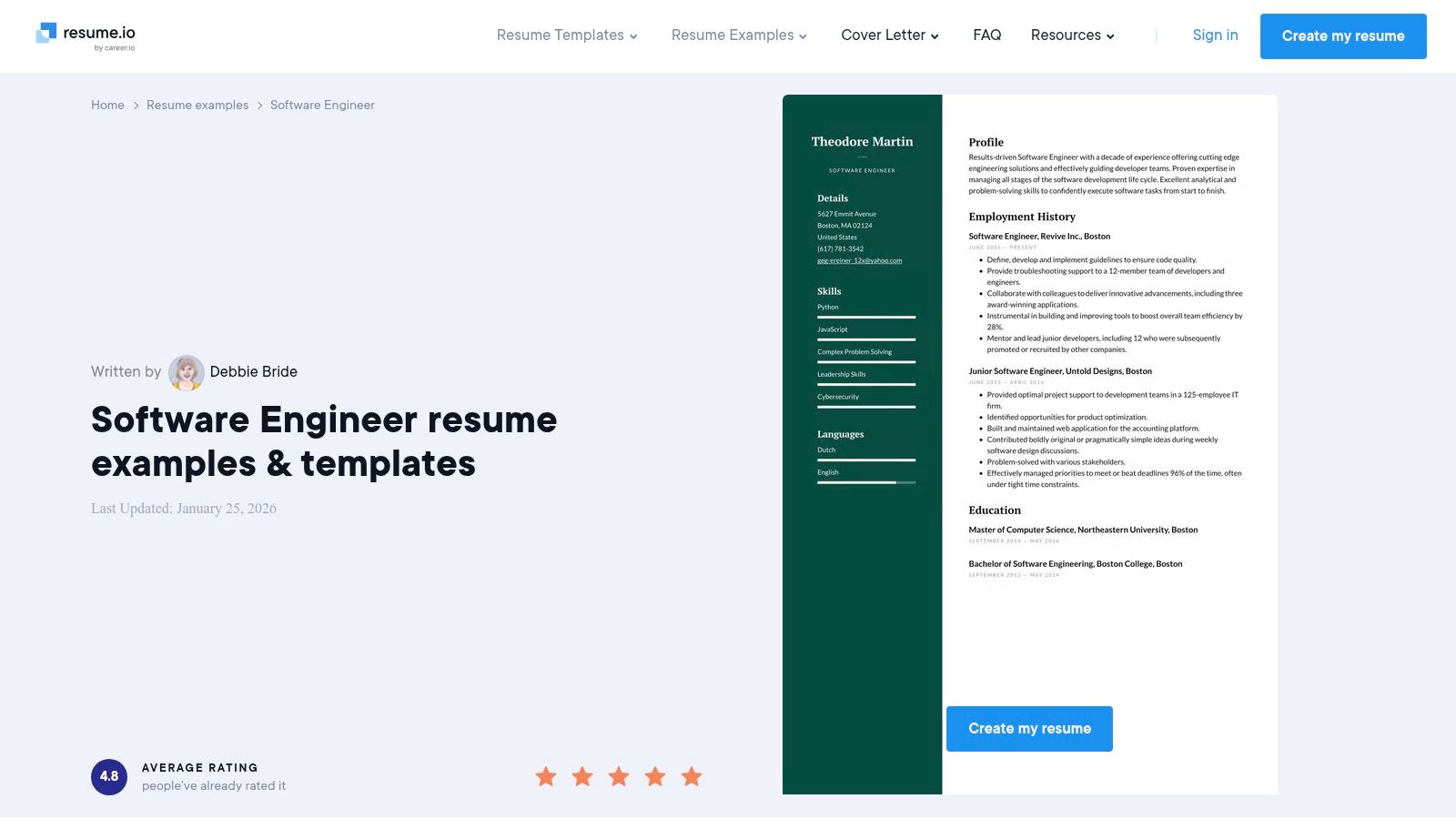 A software engineer resume example from Resume.io's website