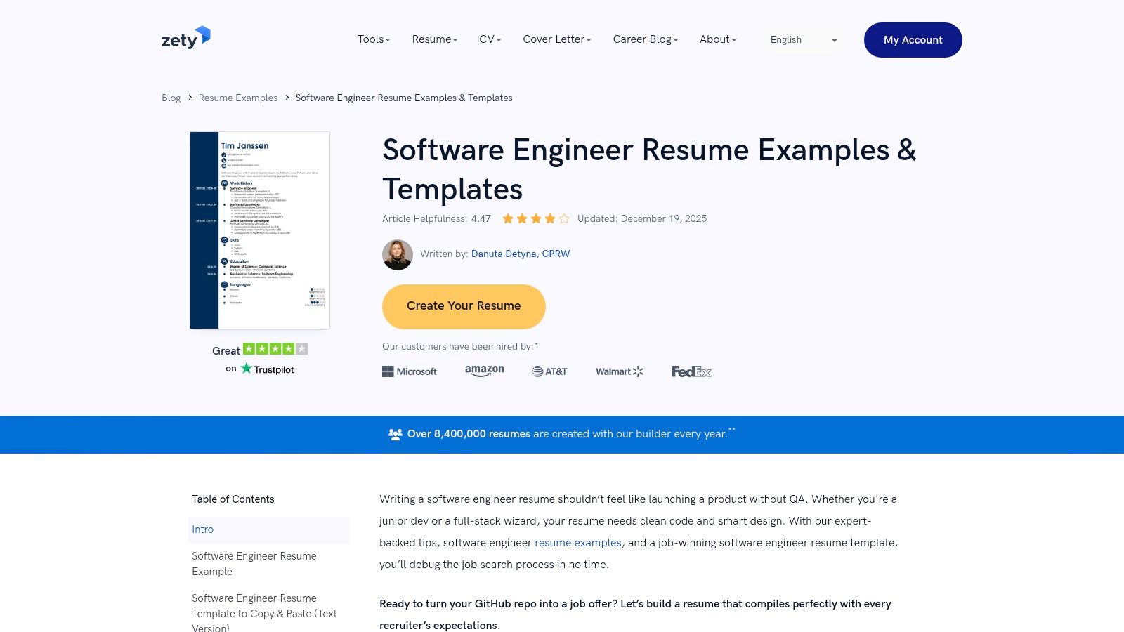 A software engineer resume example from Zety's website