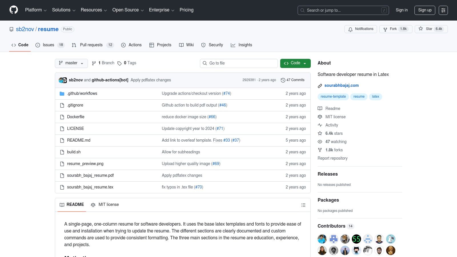 A software engineer resume example from a GitHub repository