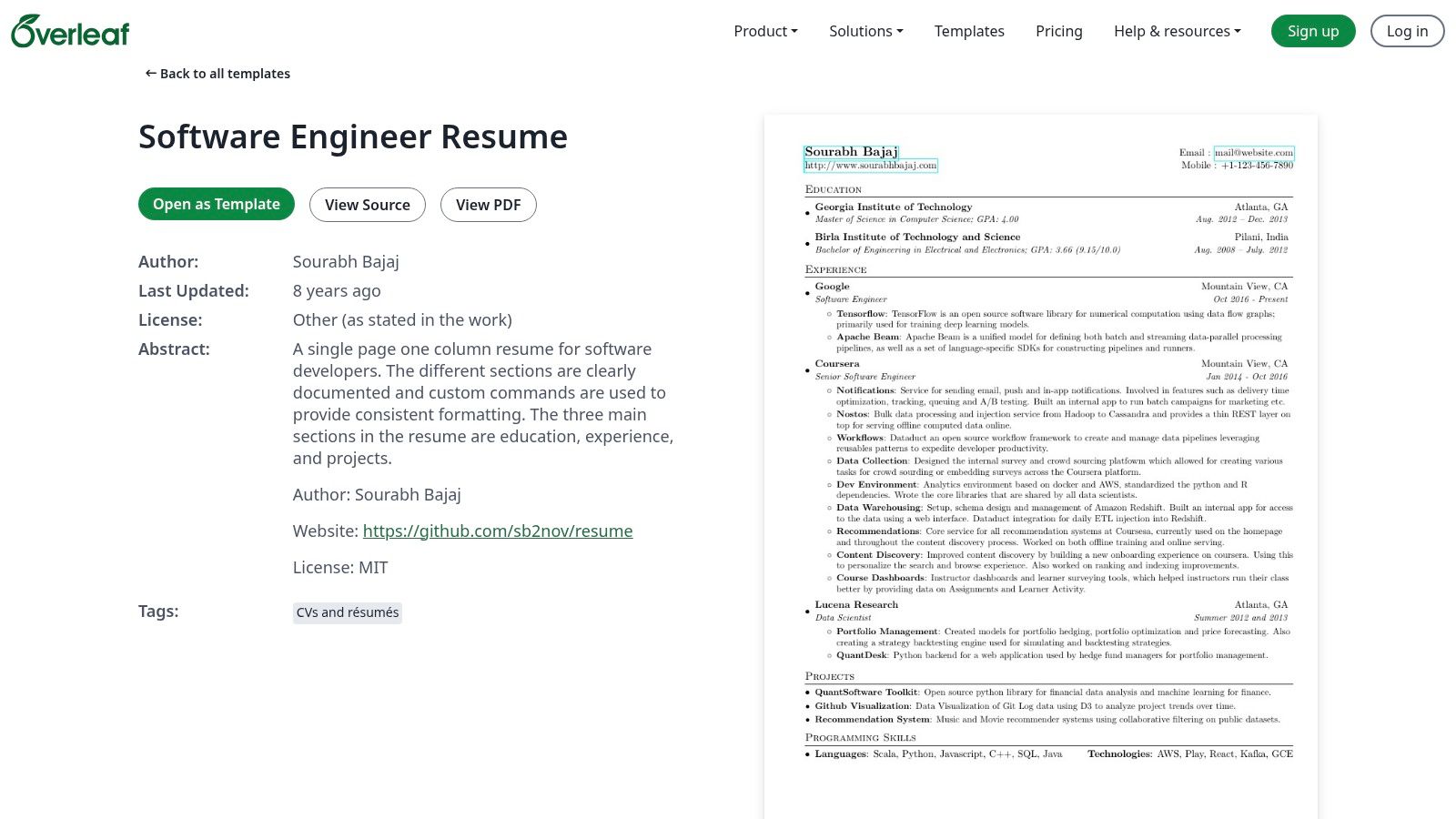 A software engineer resume example created with an Overleaf (LaTeX) template