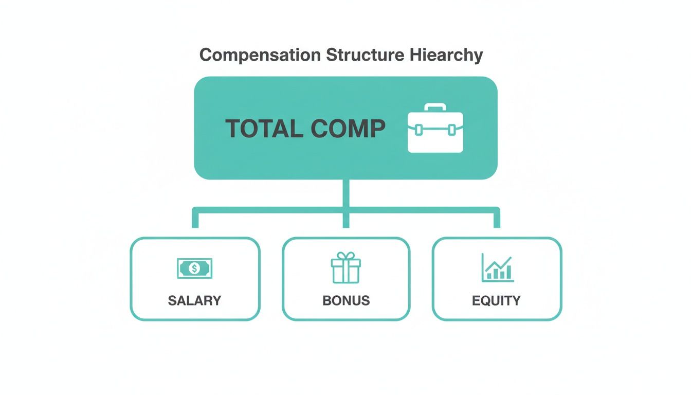 A compensation structure hierarchy diagram showing total compensation broken into salary, bonus, and equity.