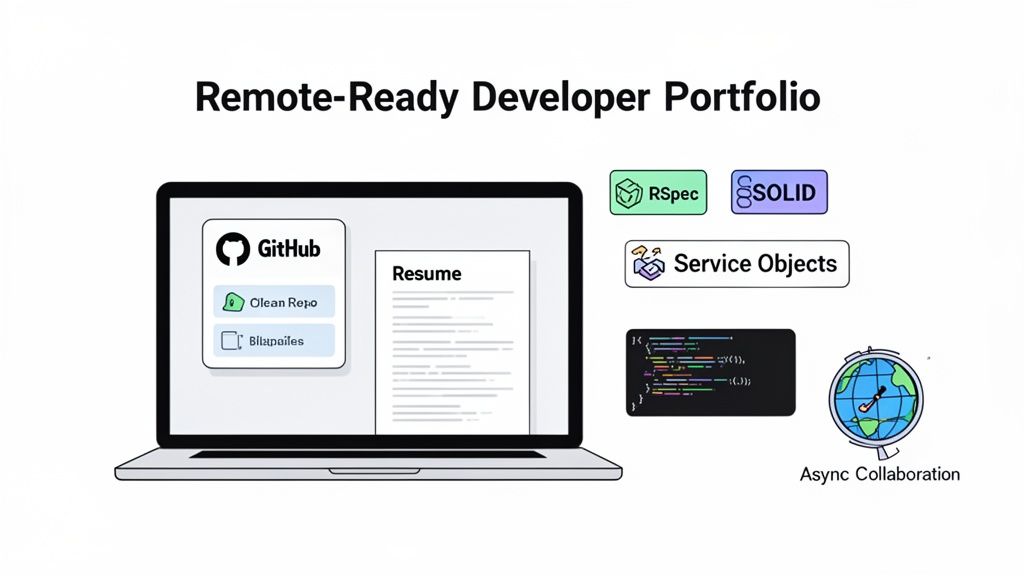 A laptop screen displays a remote-ready developer portfolio with GitHub, Resume, RSpec, SOLID, and async collaboration concepts.