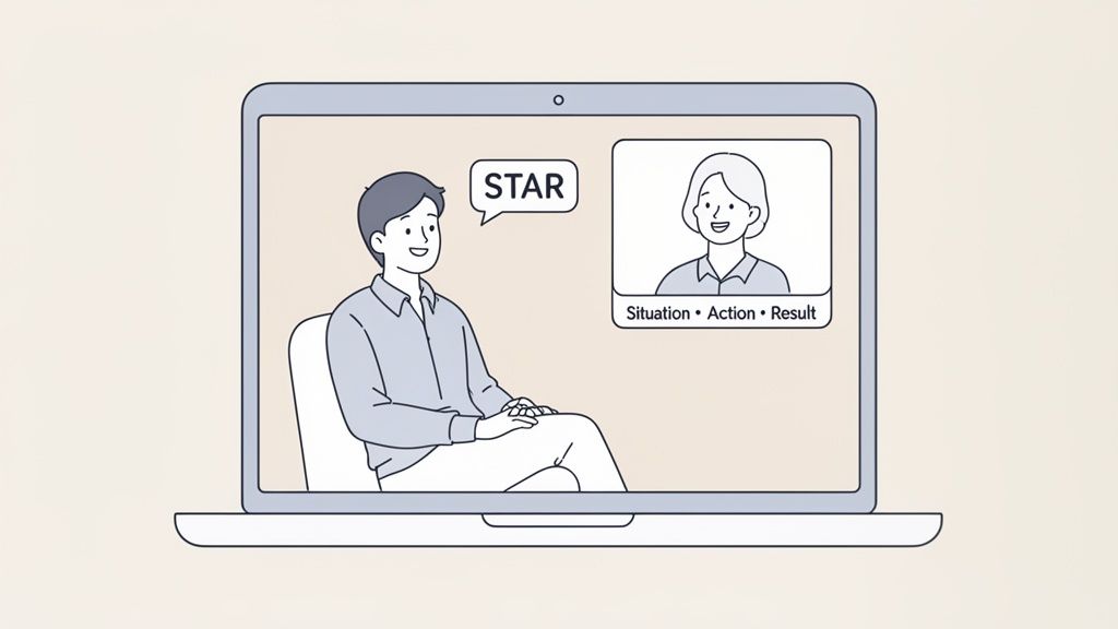 Illustration of a man and woman on a laptop screen discussing the STAR method for interviews.