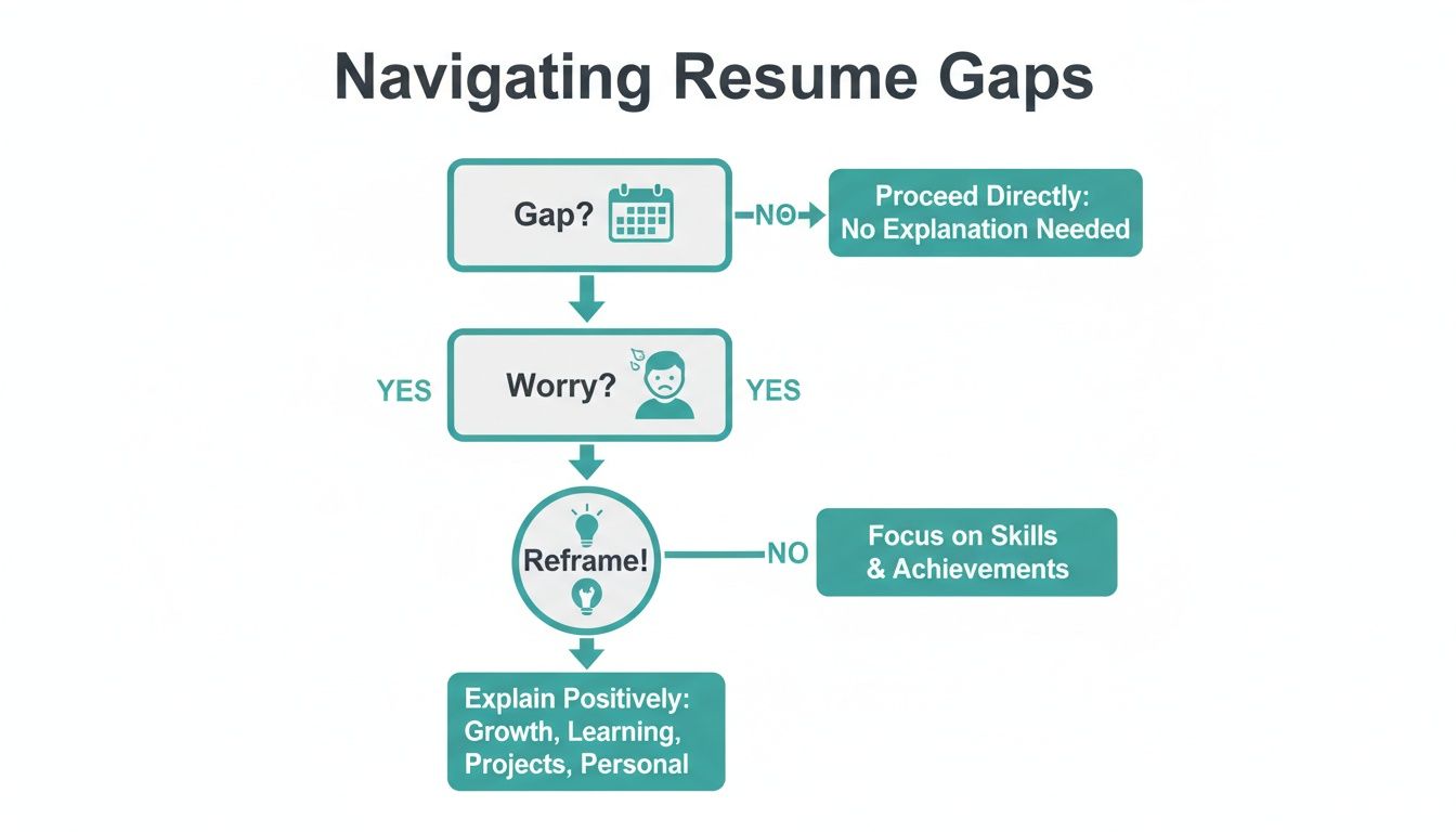 Flowchart guiding how to address resume gaps, from deciding to explain to reframing positively.