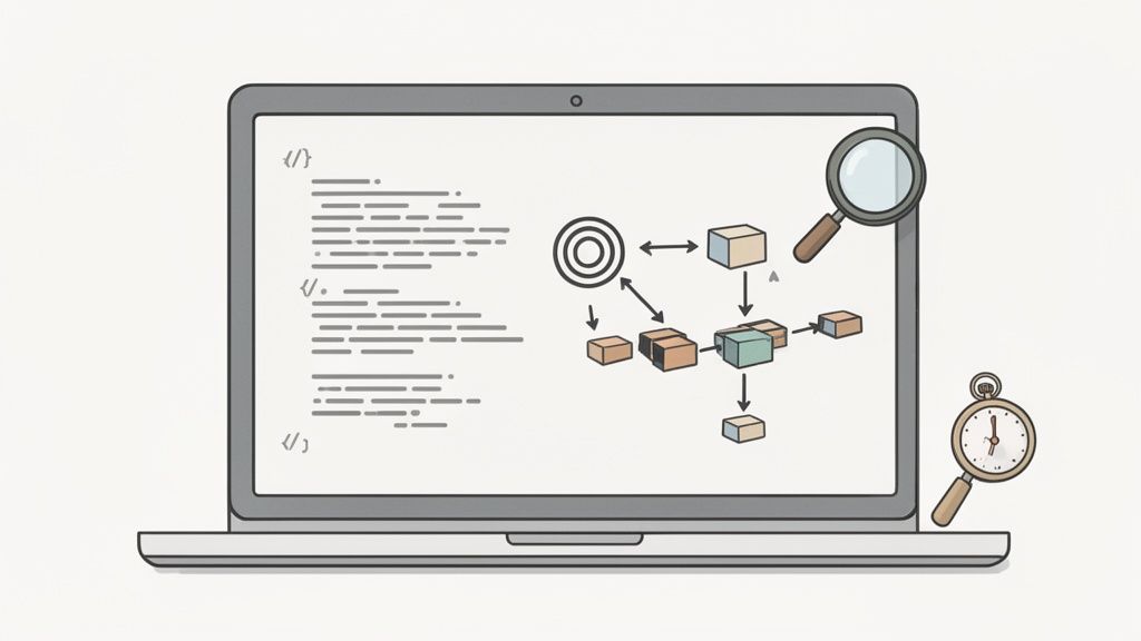 Software engineering concept with a laptop displaying code, a system diagram, a magnifying glass, and a clock.
