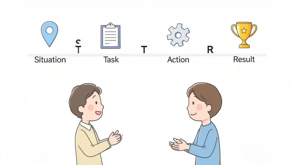 Illustration of the STAR method (Situation, Task, Action, Result) with icons and two people communicating.