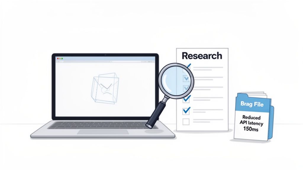 Laptop displaying an email, a research document with a magnifying glass, and a brag file highlighting achievements.