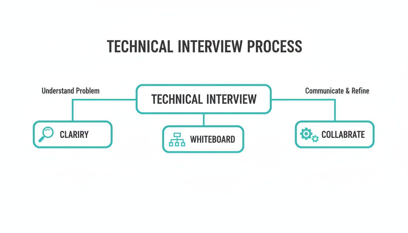 A flowchart illustrates the technical interview process, detailing steps for clarifying, whiteboarding, and collaborating.