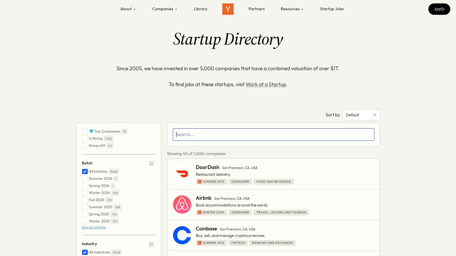 Y Combinator – Startup Directory + Work at a Startup
