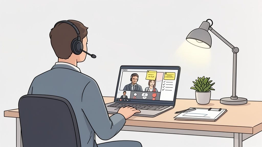 A person on a video call with a laptop, wearing a headset, at a tidy desk.