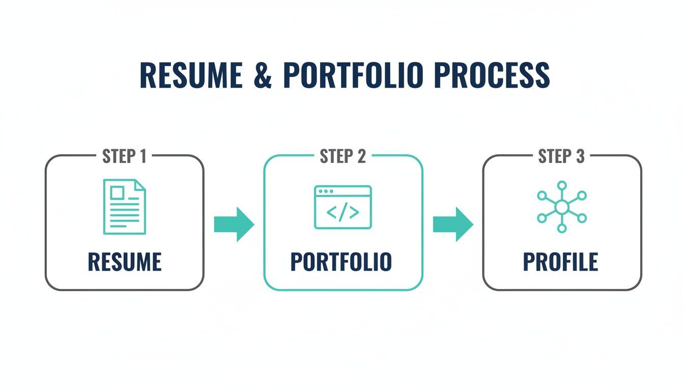 A three-step process: Resume, Portfolio, and Profile, for career preparation.
