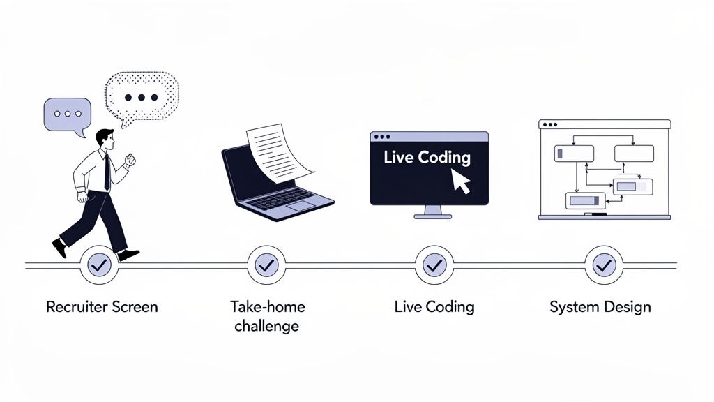 An infographic showing the four-stage software engineering hiring process: recruiter screen to system design.
