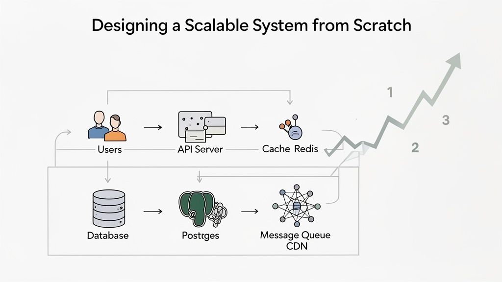 Diagram illustrating a scalable system architecture with users, API server, database, cache, and message queue components.