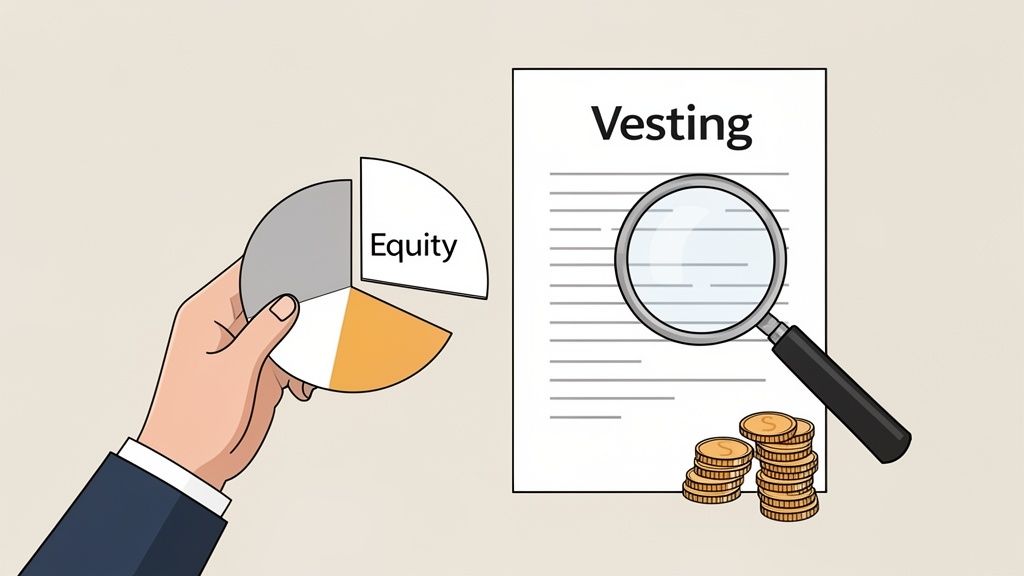 A hand holds an equity pie chart next to a vesting document and stacks of gold coins.