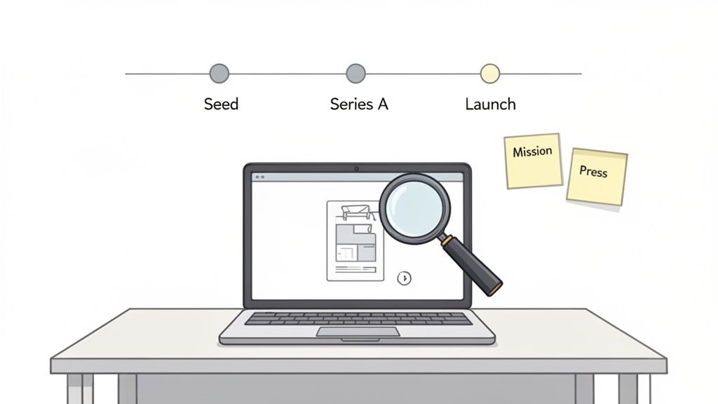 Development timeline with Seed, Series A, Launch stages. Laptop showing wireframe, magnifying glass, 'Mission' and 'Press' notes.