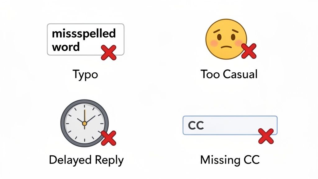 Four icons illustrating common email mistakes to avoid: typo, too casual, delayed reply, and missing CC.