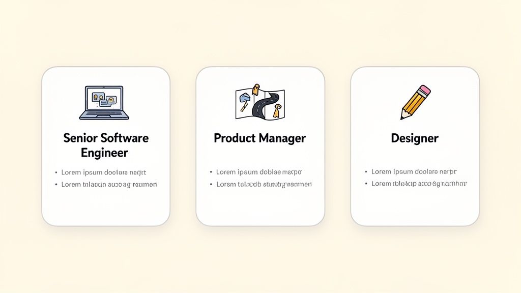 Three white cards displaying job roles: Senior Software Engineer, Product Manager, and Designer, each with a relevant icon.