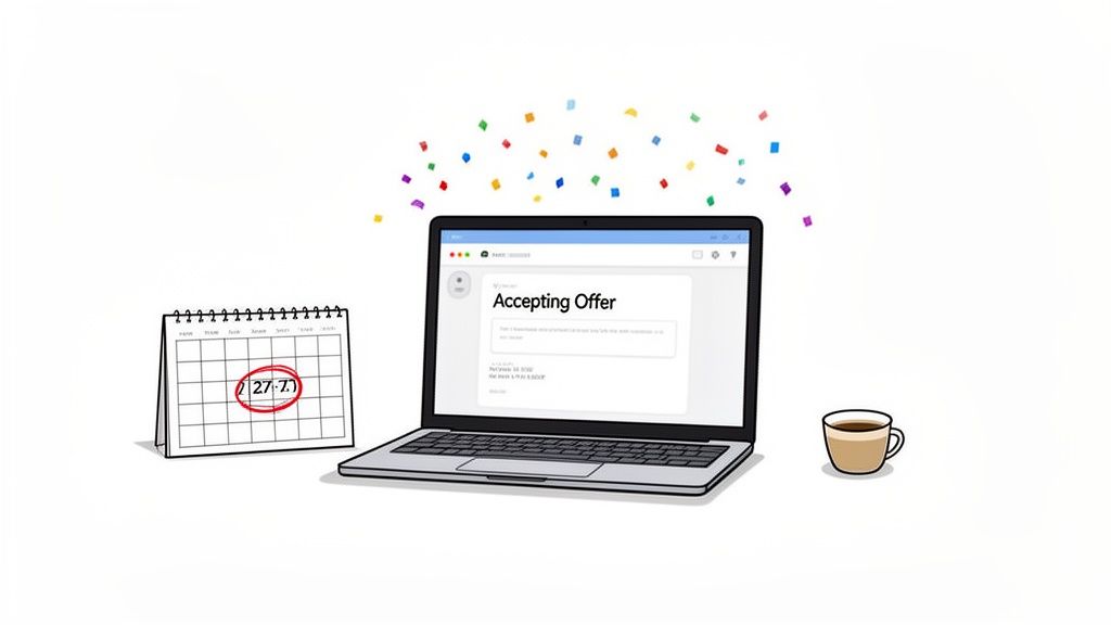 A laptop displays an 'Accepting Offer' email, with confetti falling and a calendar marking a date.