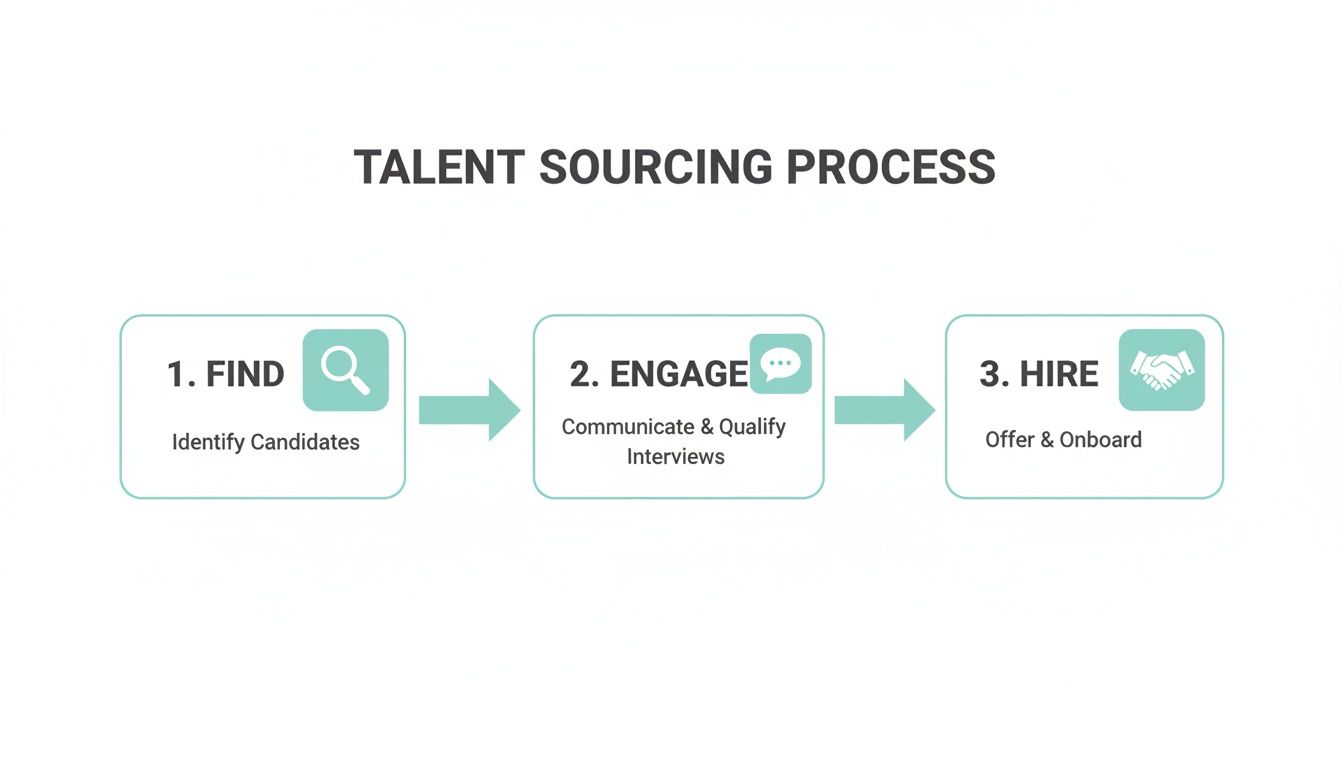 Flowchart illustrating the talent sourcing process, showing steps: find, engage, and hire candidates.