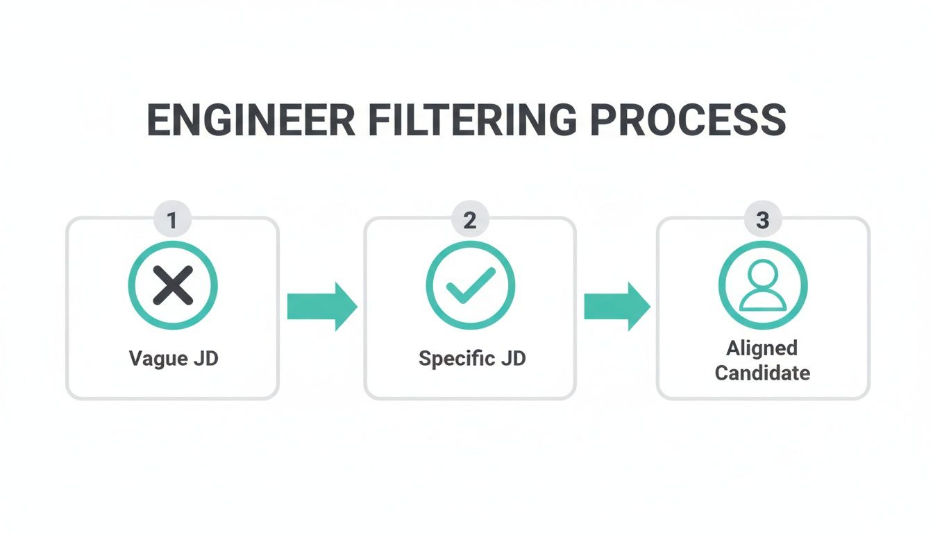 Infographic showing a three-step engineer filtering process from job descriptions to aligned candidates.