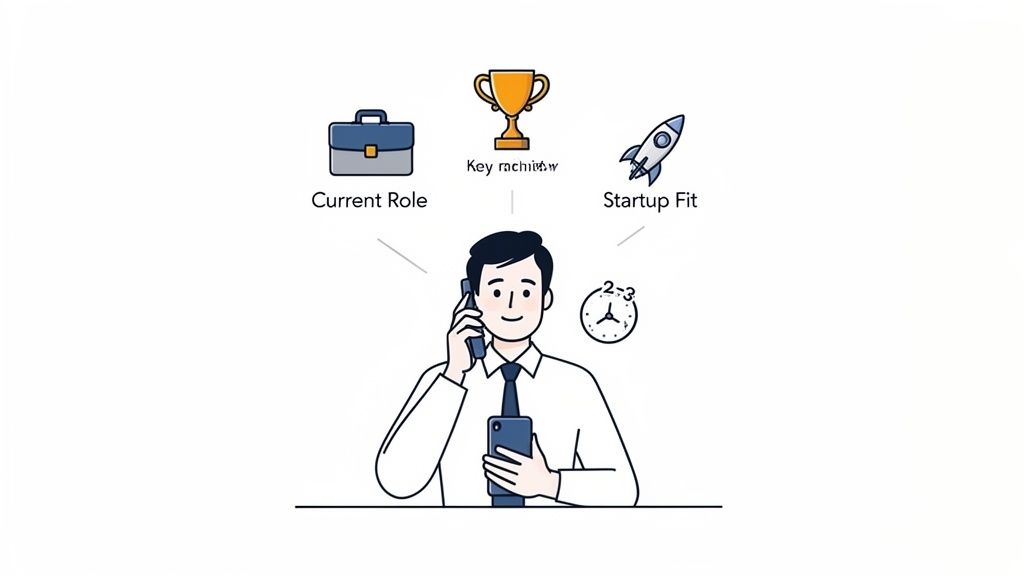 A man on a phone call considering career aspects like current role, key achievements, and startup fit.