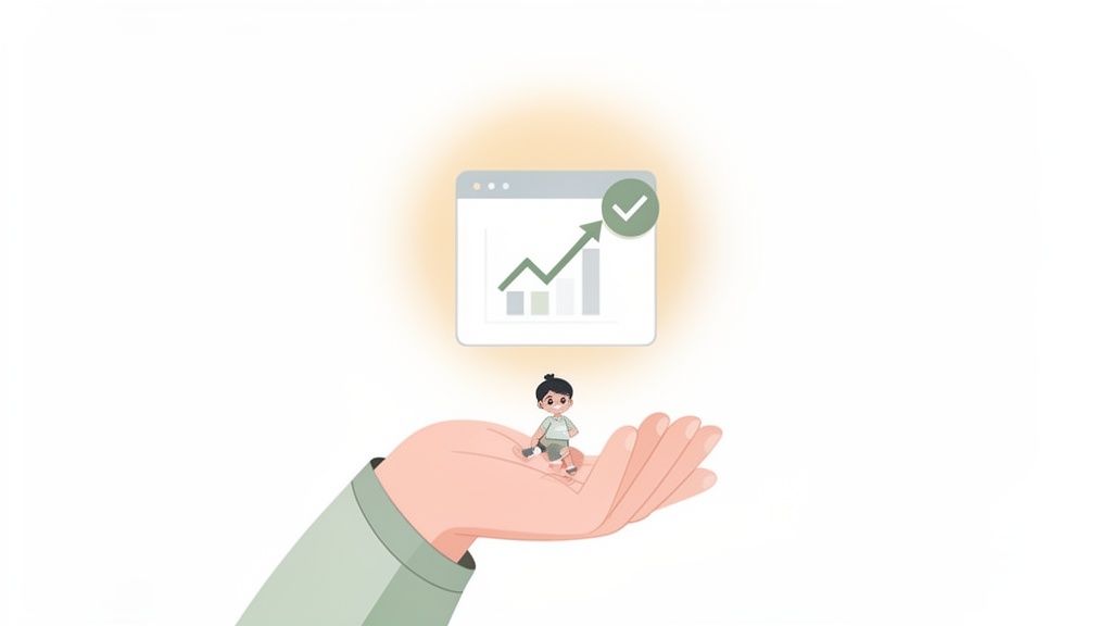 An illustration of a small boy standing on a large hand, with an upward trending graph and a checkmark above.
