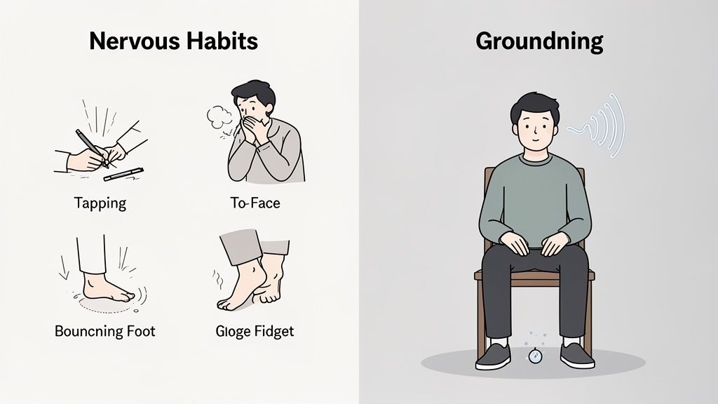 Illustration contrasting four common nervous habits, like tapping and fidgeting, with a calming grounding technique.
