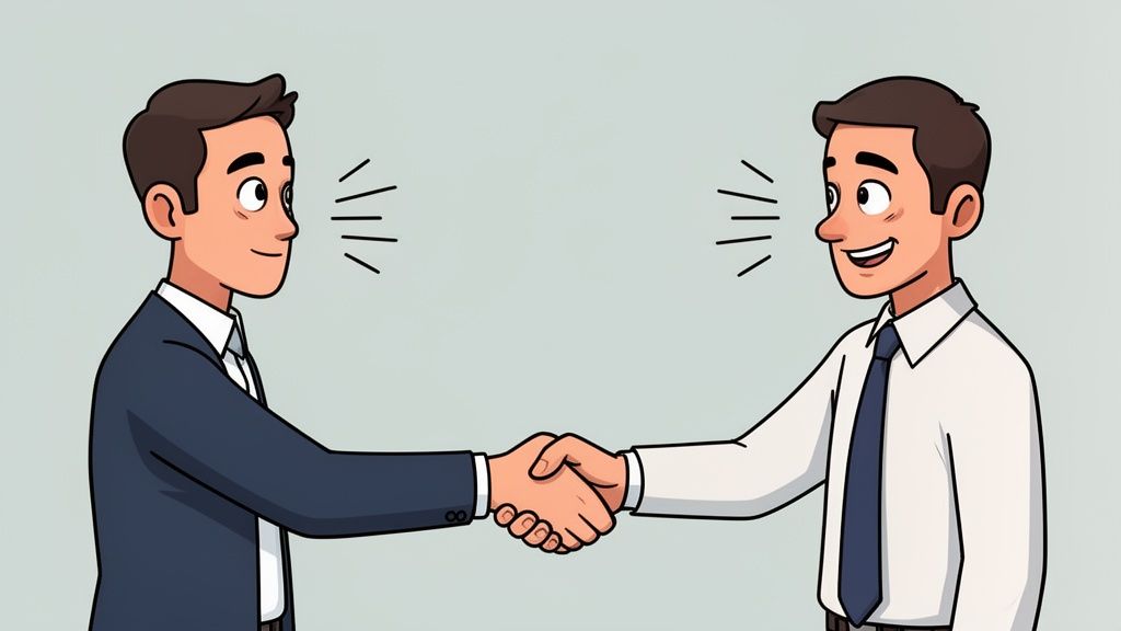 An illustration of two smiling men in professional attire shaking hands, implying agreement and conversation.