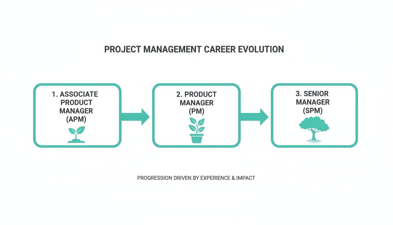 Diagram illustrating the product management career evolution from Associate Product Manager to Senior Manager.