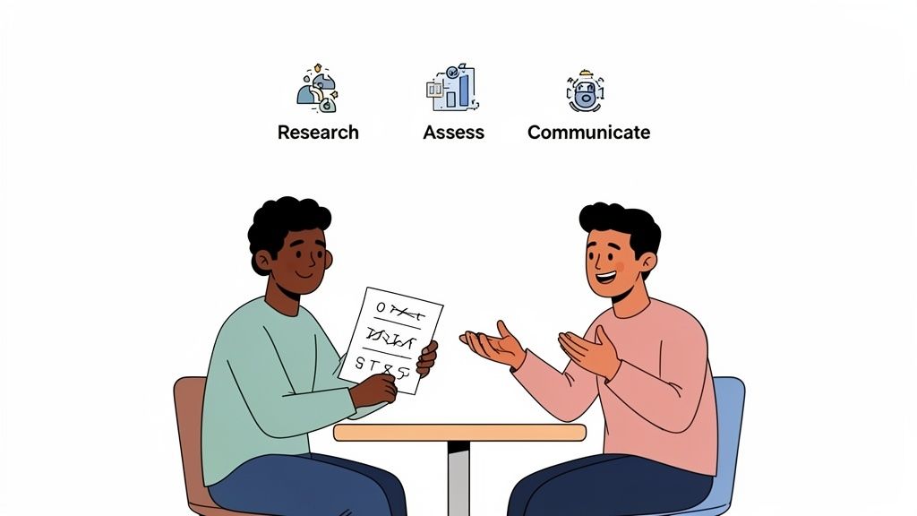 Two men at a table discussing documents, with icons for research, assess, and communicate above.