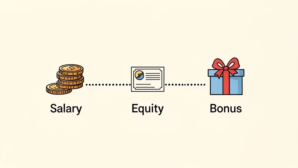 An illustration showing salary (coins), equity (certificate), and bonus (gift) as elements of employee compensation.