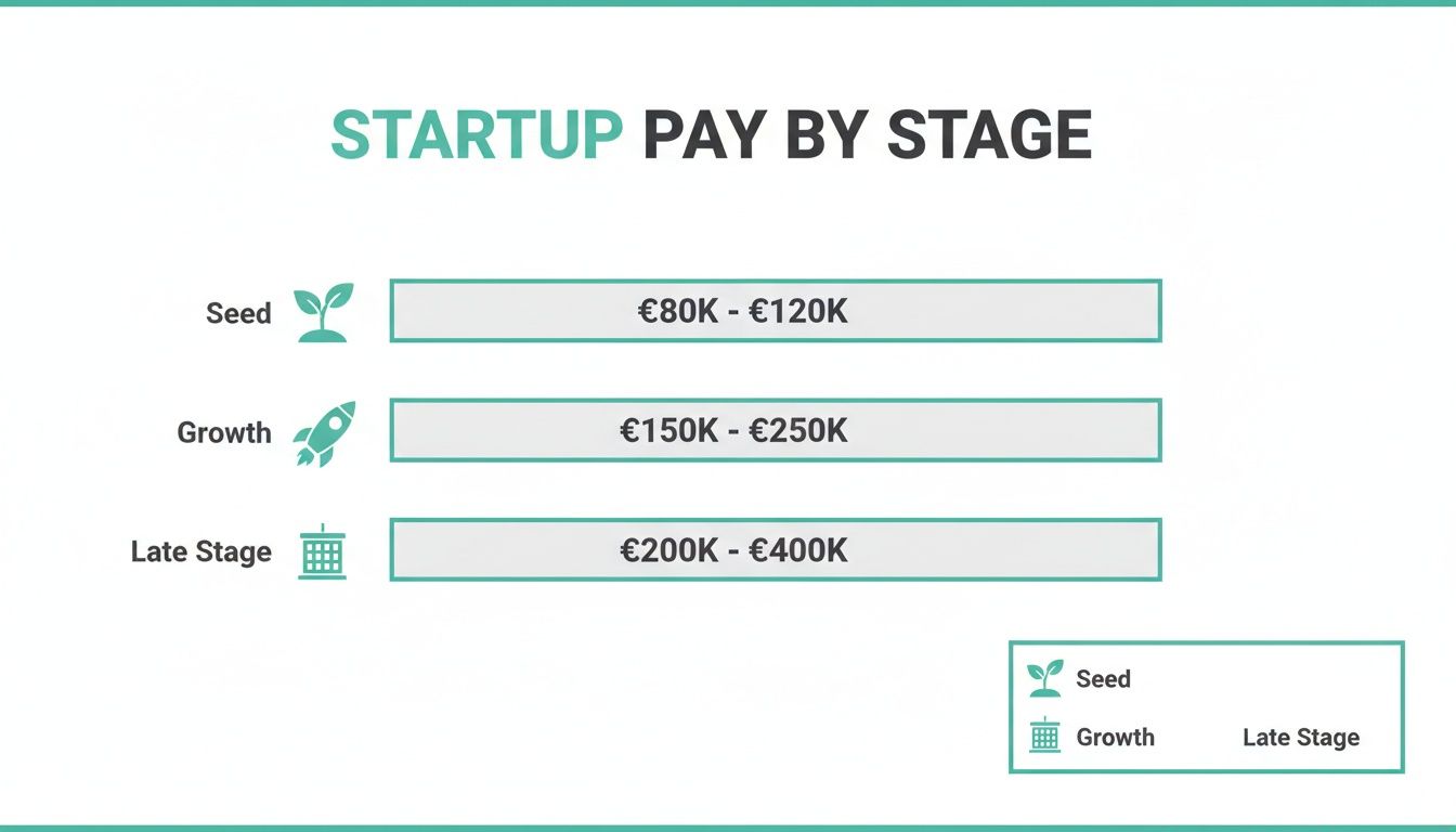 Chart displaying startup compensation benchmarks across Seed, Growth, and Late stages with corresponding pay ranges.
