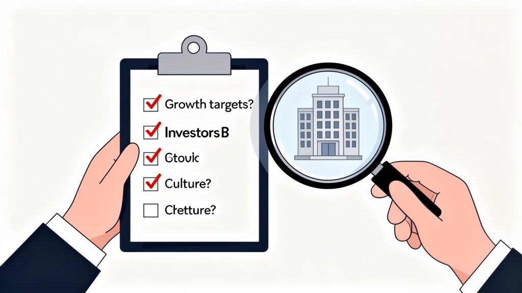 Hands review a checklist including 'InvestorsB' while magnifying a building, symbolizing business due diligence.