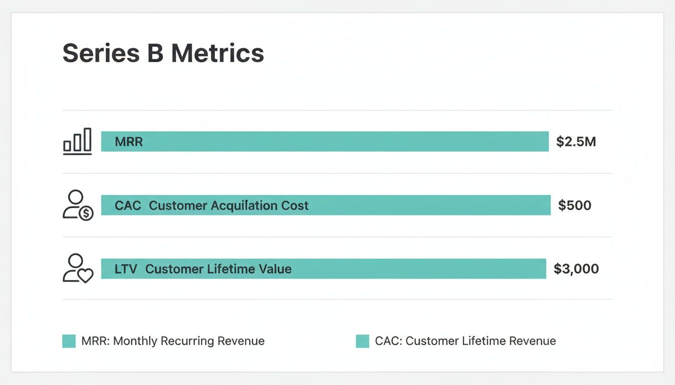 A bar chart displays Series B Metrics including MRR at $2.5M, CAC at $500, and LTV at $3,000.