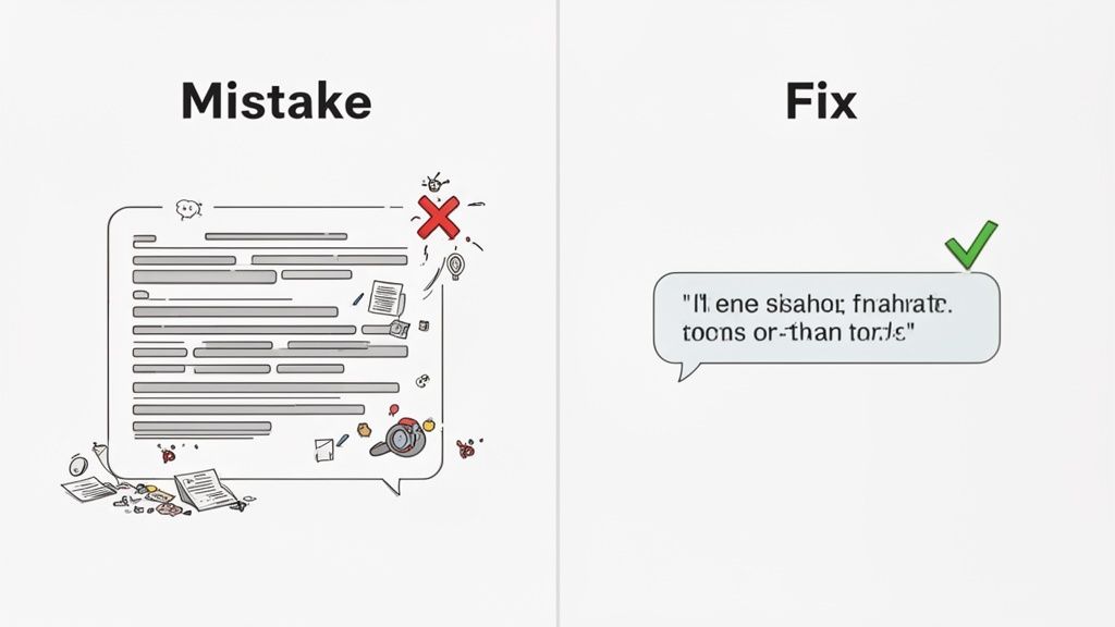 Illustration showing a complex, messy message as a 'Mistake' and a short, clear message as a 'Fix'.